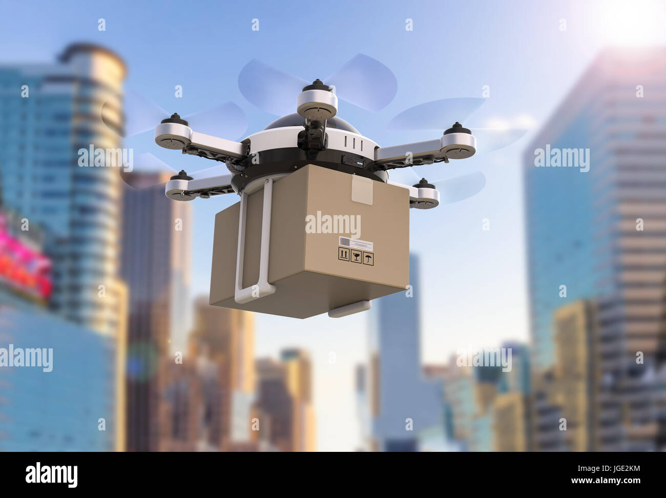3d rendering delivery drone flying with cardboard box Stock Photo - Alamy