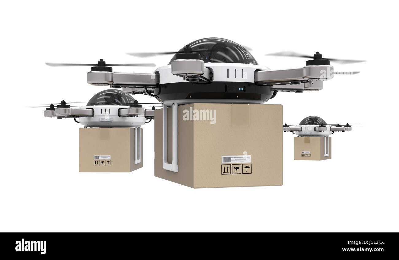 3d rendering delivery drone flying with cardboard box isolated on white ...