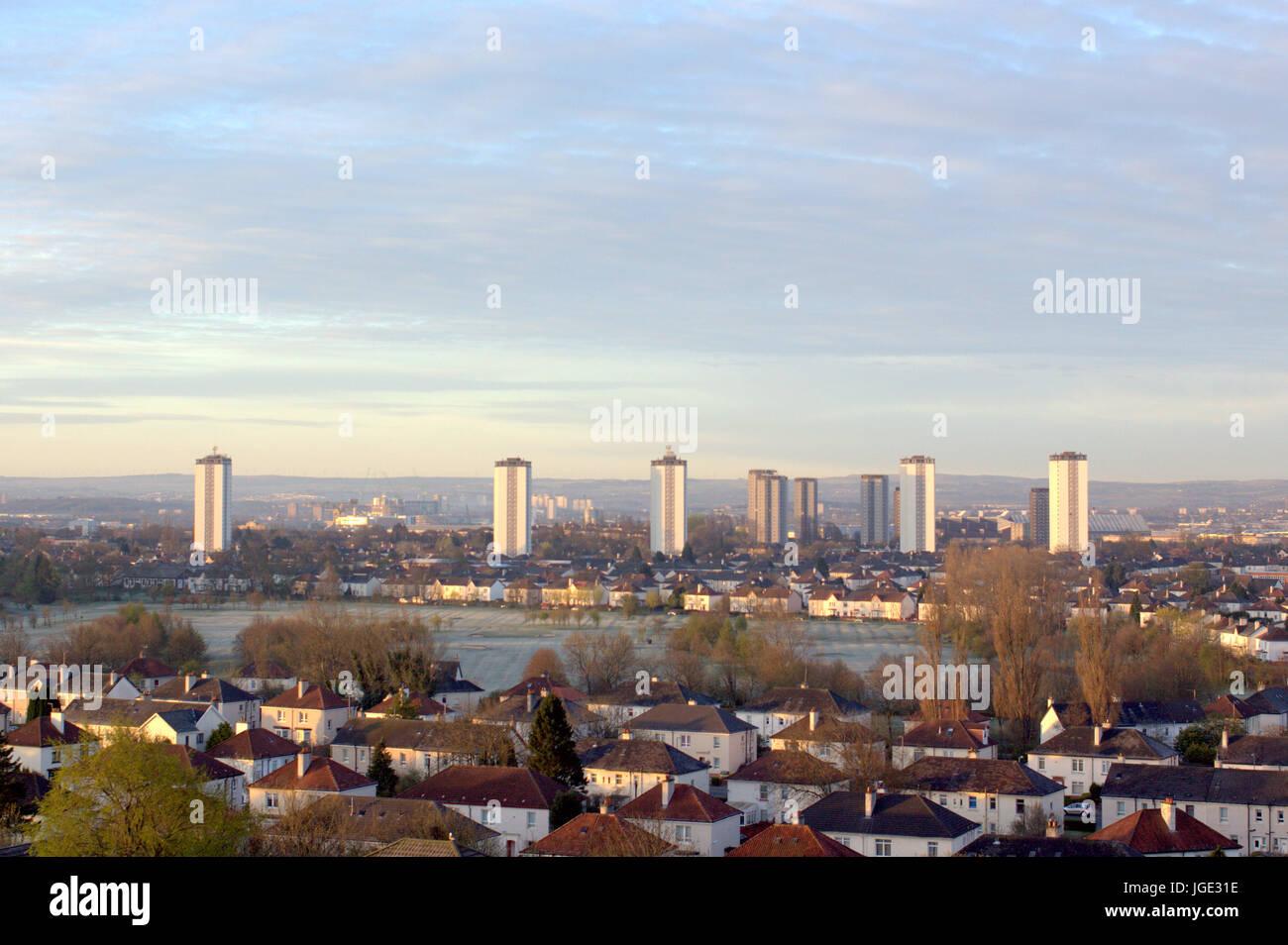 Glasgow Scotstoun high rise council flats social housing panoramic of a cold frosty morning Stock Photo