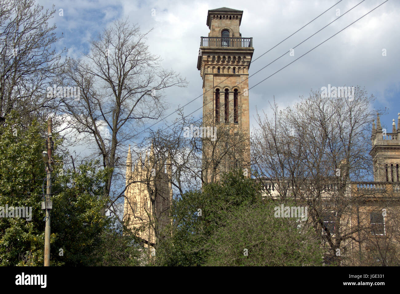 sylvan view of trinity college Tower and Park Parish Church, Park Circus, Glasgow park trees branches Stock Photo