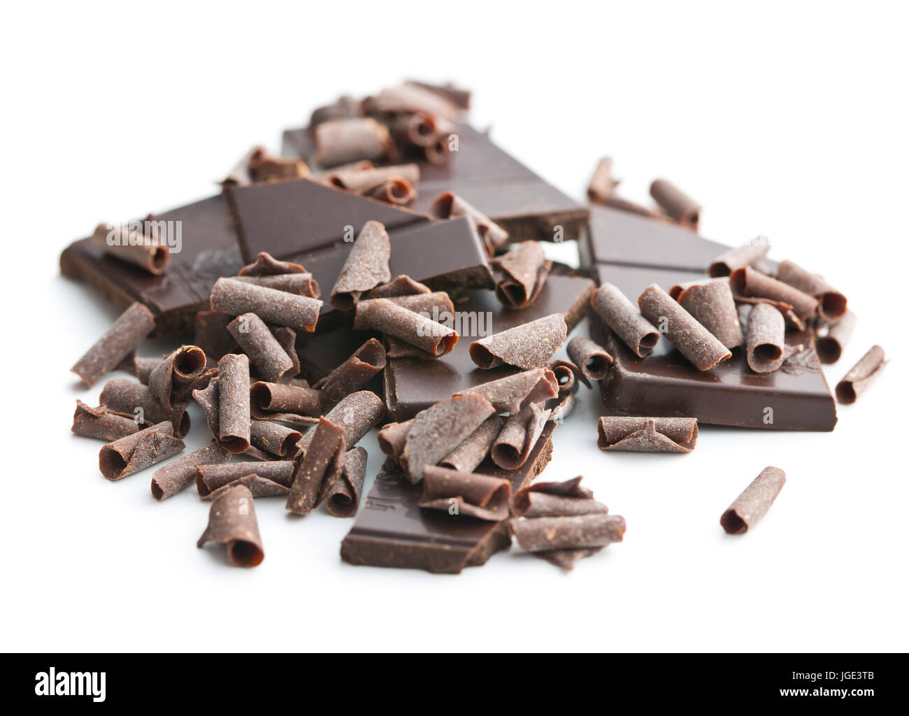 Tasty chocolate curls and bar isolated on white background Stock Photo Alamy