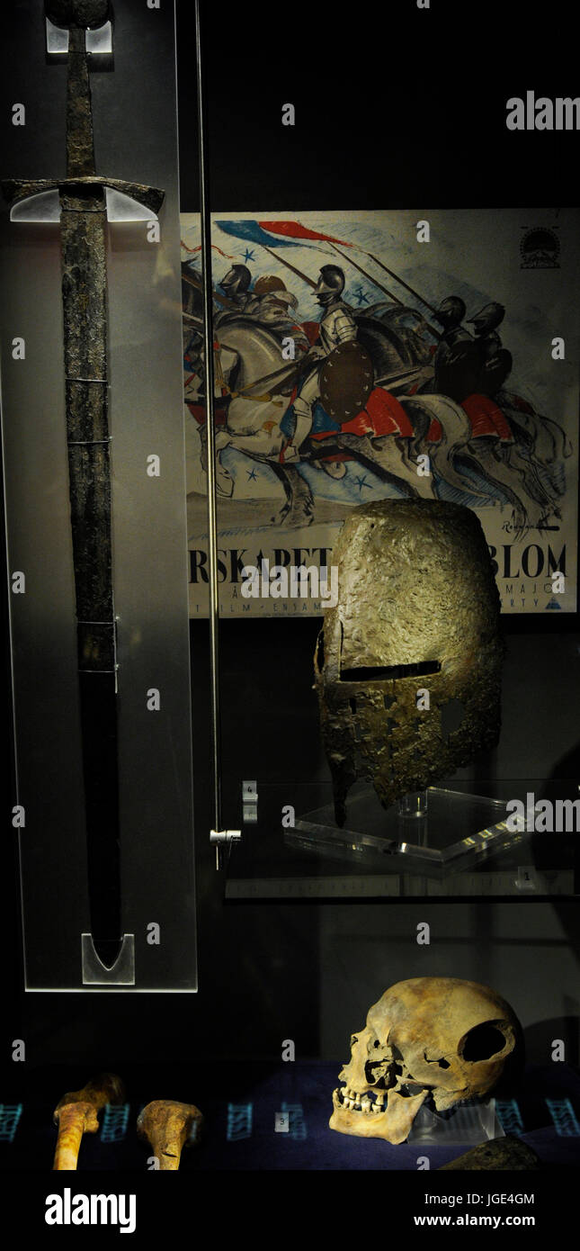 The Aranaes helmet. A combat helmet dates around the year 1300. Skull with the mark or a mortal wound. Swedish Historical Museum. Stockholm. Sweden. Stock Photo