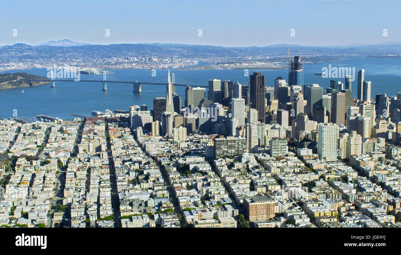 Aerial view of cityscape and bridge, San Francisco, California, United States Stock Photo