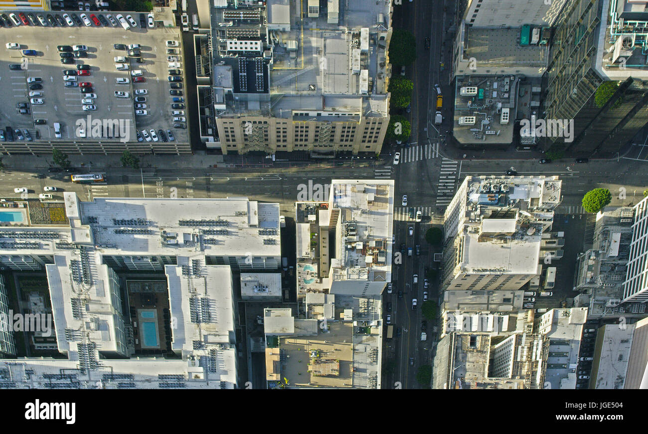 Aerial view of city intersection, Los Angeles, California, United States Stock Photo