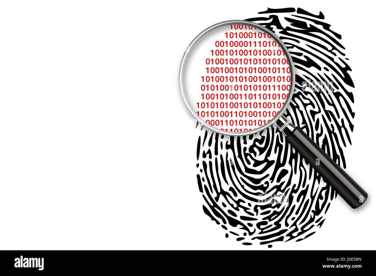 Fingerprint and magnifying glass above with personal information inside. Fingerprint as source of information about person Stock Photo