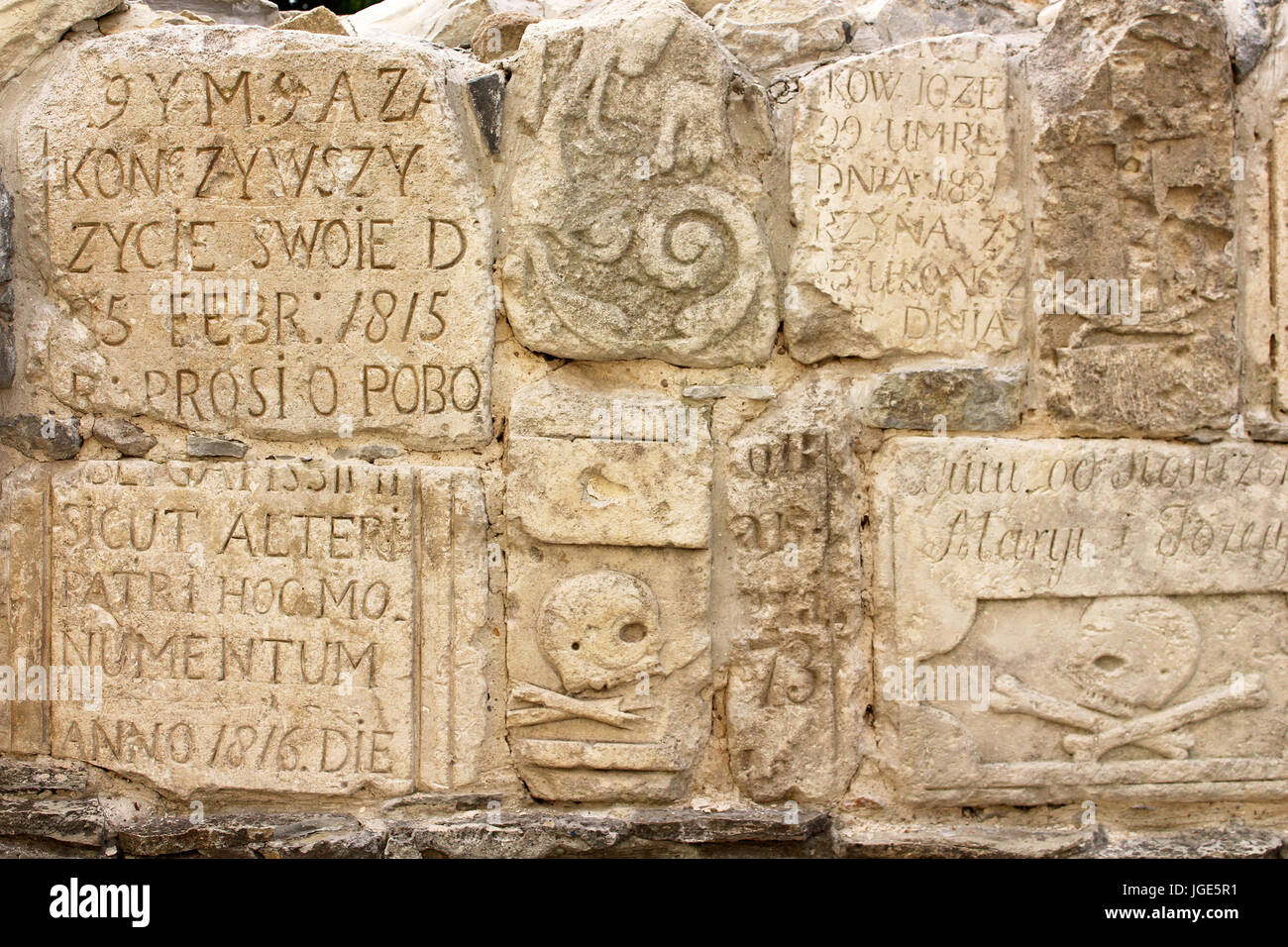 Inscriptions on tombstones in the Cathedral of Peter and Paul in Kamianets-Podilskyi, Ukraine Stock Photo