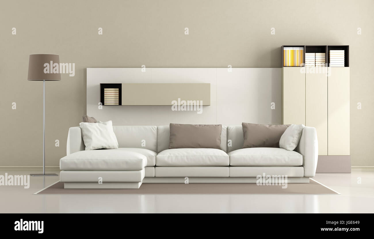 Minimalist living room with white sofa and wall unit on background - 3d ...