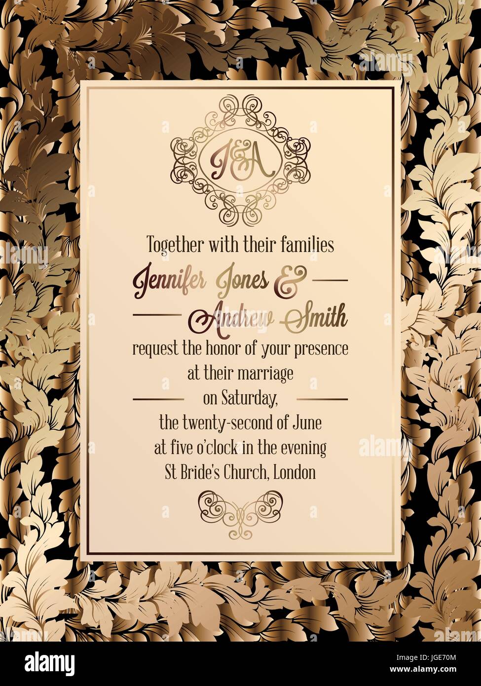 Vintage baroque style wedding invitation card template.. Elegant formal  design with damask background, traditional decoration for wedding. Gold on  bla Stock Vector Image & Art - Alamy