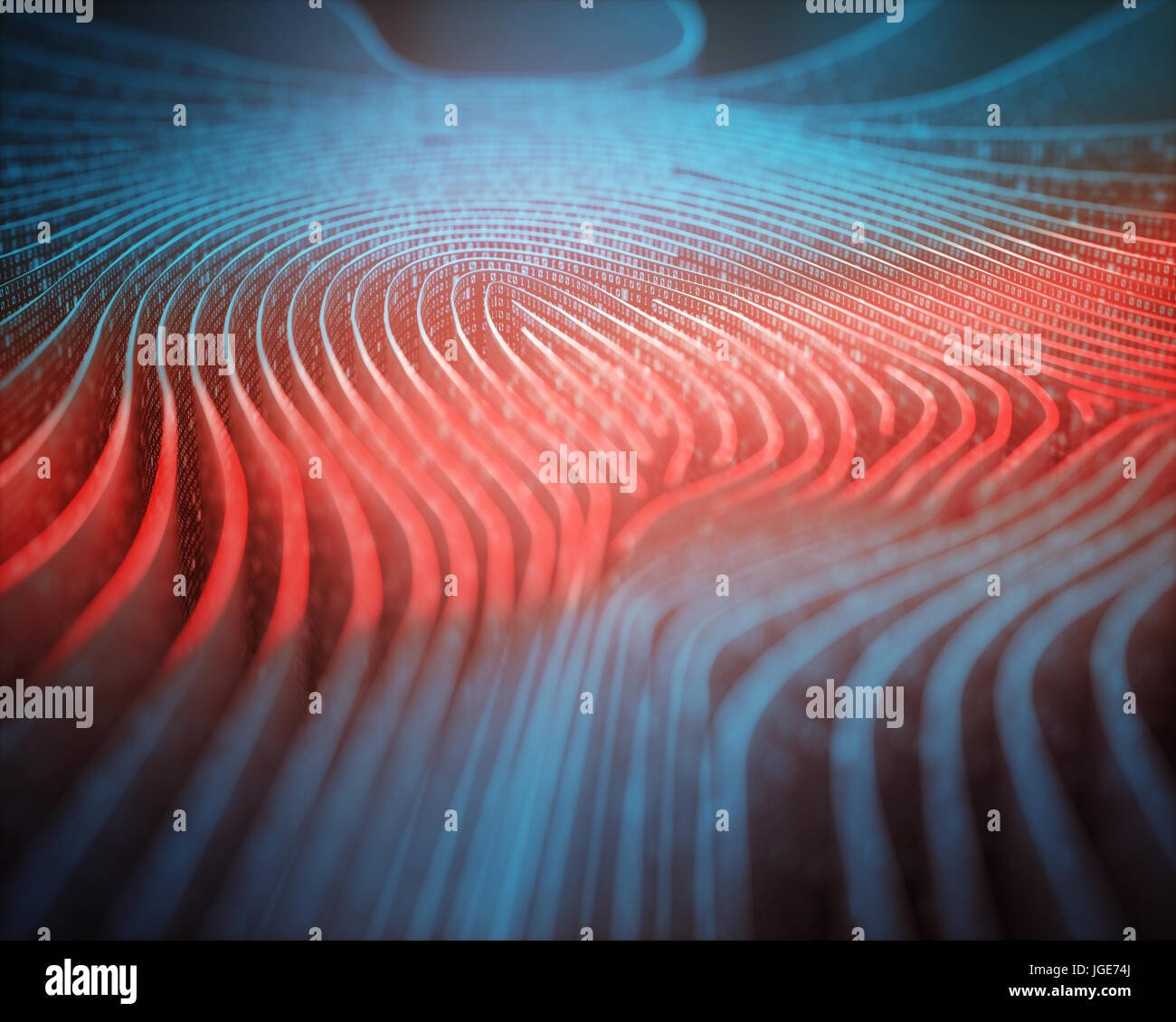 3D illustration. Fingerprint in labyrinth format, with binary codes being read by red scanner. Stock Photo