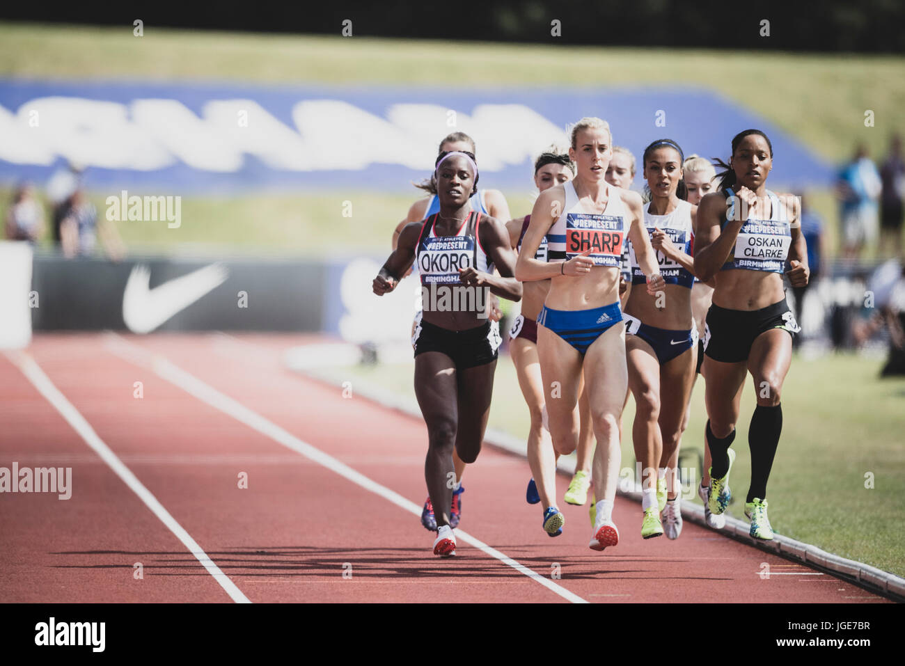 The whole field is pictured off the ground during the women's 800m final at the British Athletics Championships in Birmingham, UK on 2 July 2017. Stock Photo