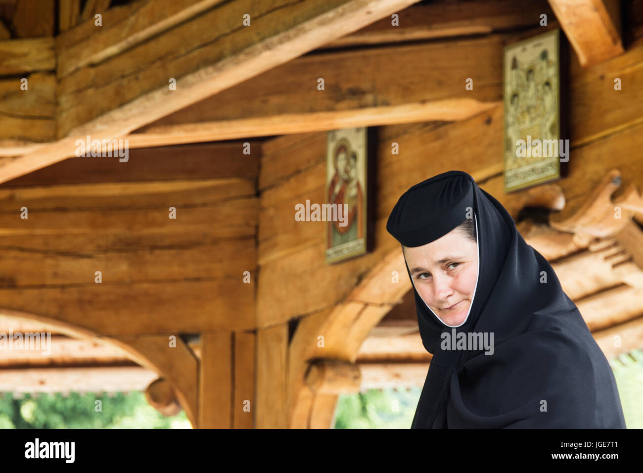 An Orthodox nun at the monastery of Barsana, Maramures region, Romania Stock Photo