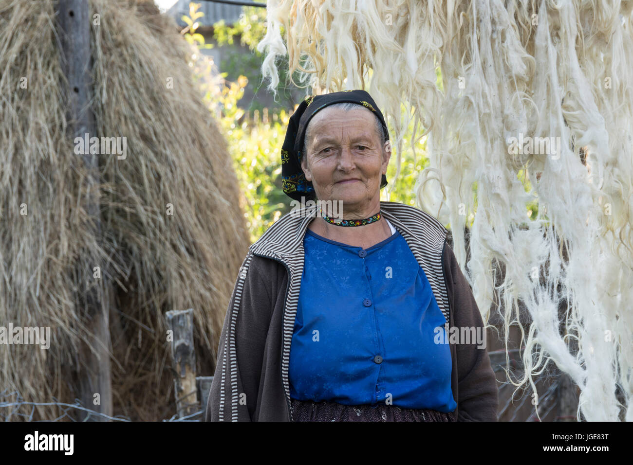 A woman with sheep wool to dry out in the open air in the Maramures regionA woman with sheep wool to dry out in the open air in the Maramures region Stock Photo
