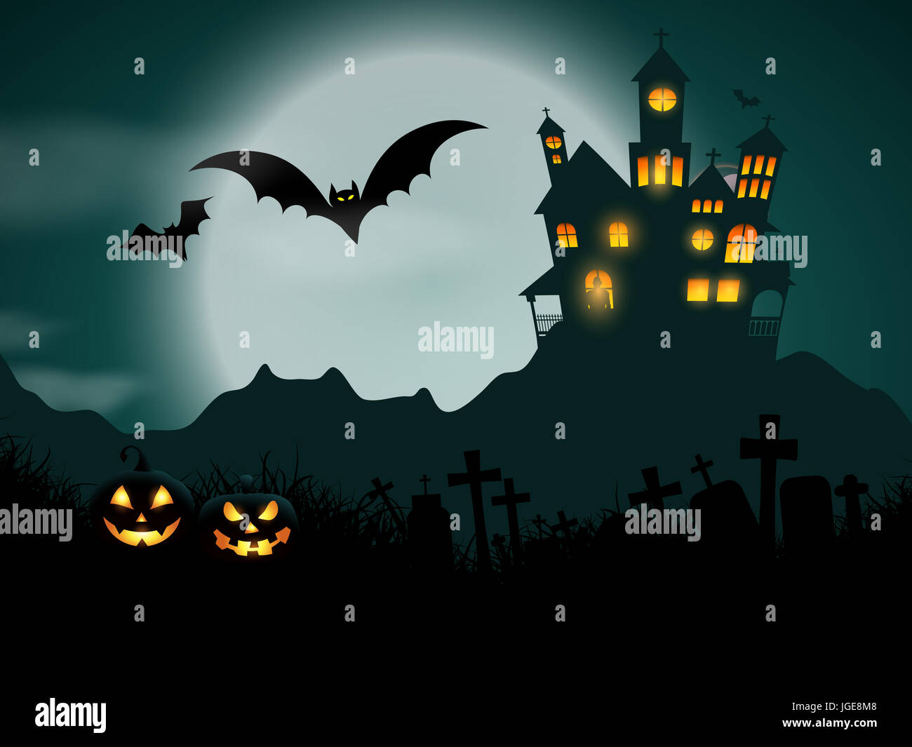 Halloween background with haunted house and pumpkins Stock Photo - Alamy
