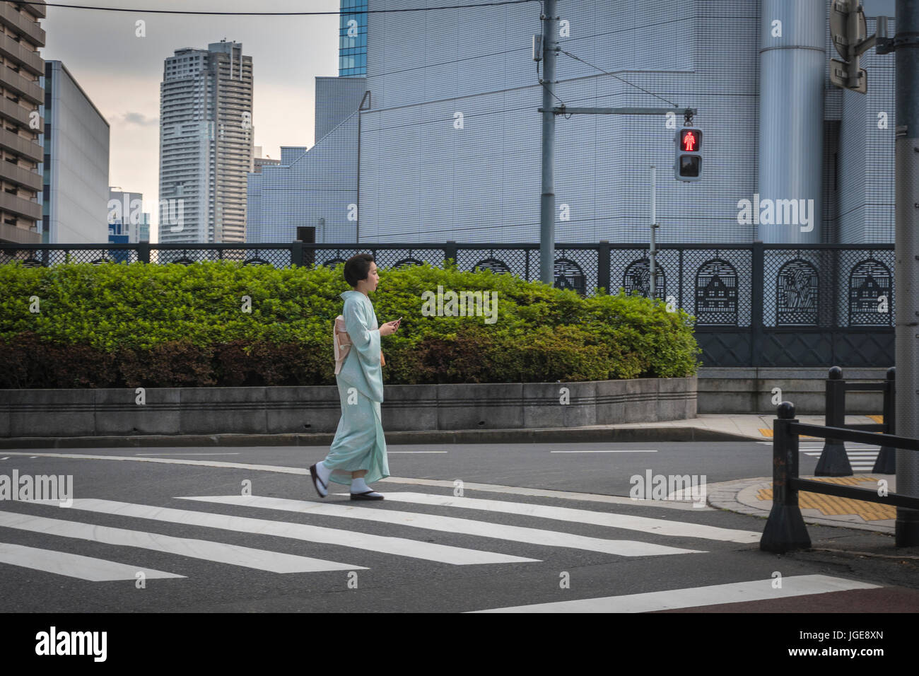 Japanese woman in a kimono walking at a zebra crossing in the Tsukiji area, Tokyo, Japan Stock Photo