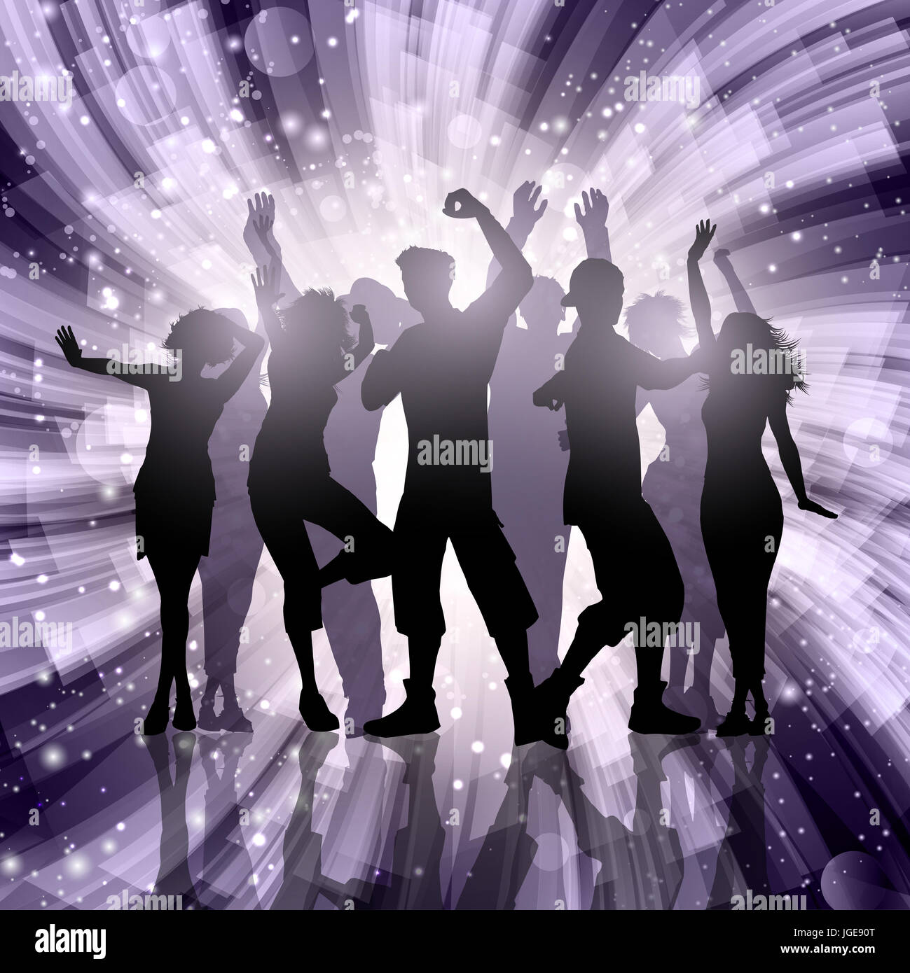 Silhouettes of party people on an abstract swirl background Stock Photo