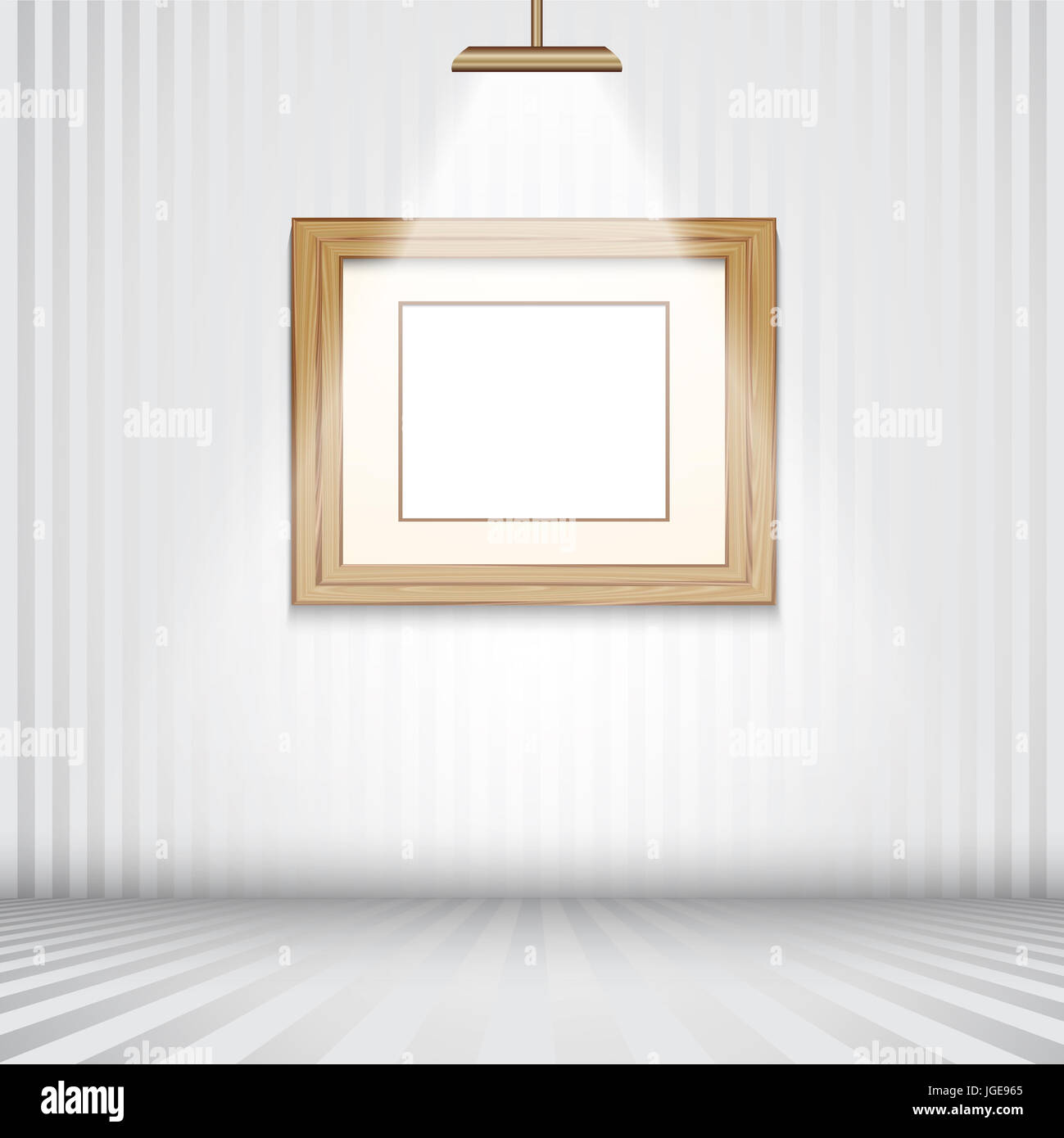 Spotlit room with empty wooden picture frame Stock Photo