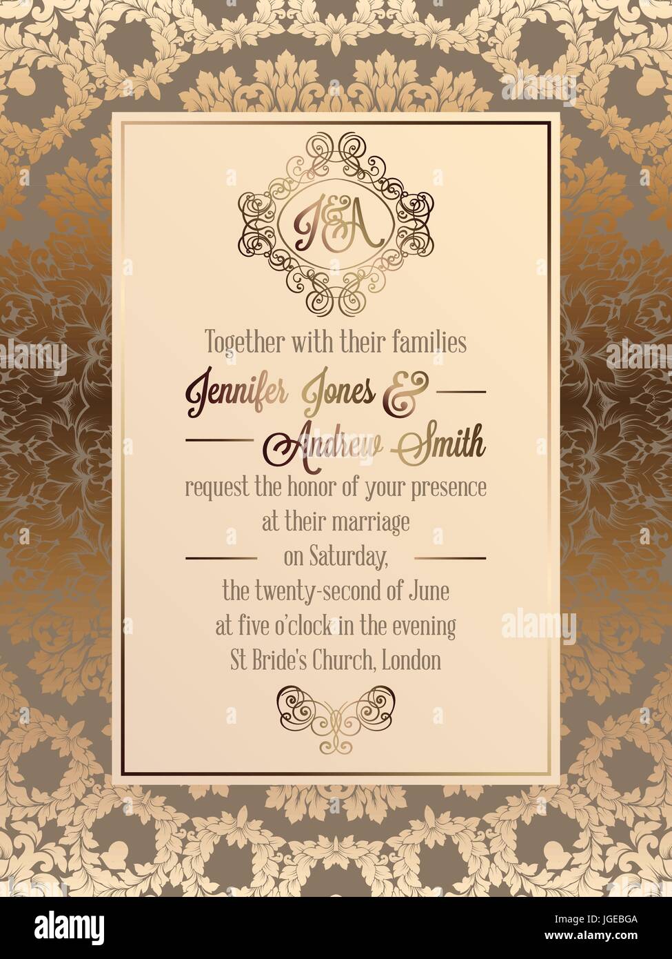 Vintage baroque style wedding invitation card template.. Elegant formal  design with damask background, traditional decoration for wedding Stock  Vector Image & Art - Alamy