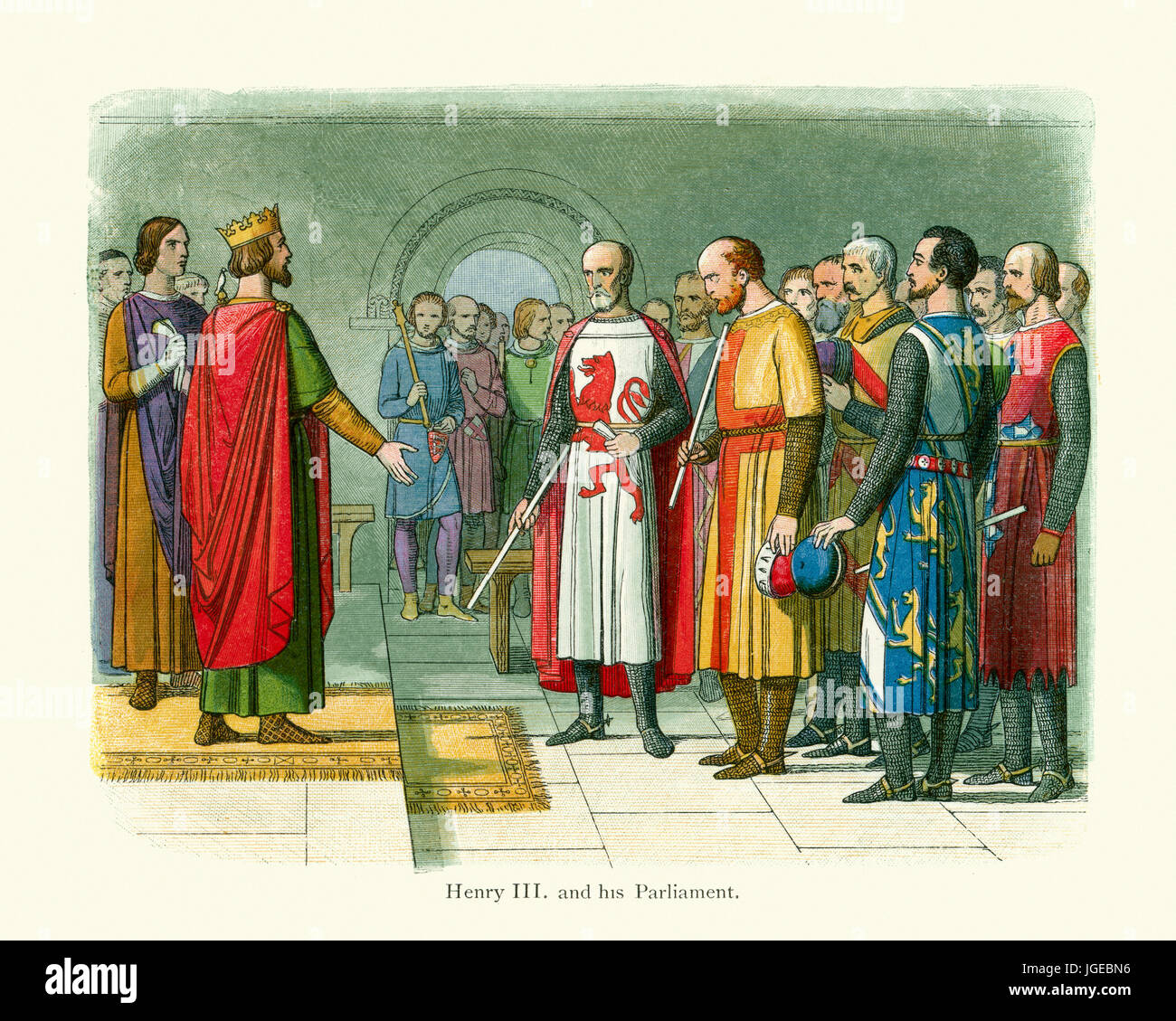 Vintage colour lithograph from 1864 showing King Henry III and his Parliament. Henry III (1 October 1207 to 16 November 1272) was the son and successo Stock Photo