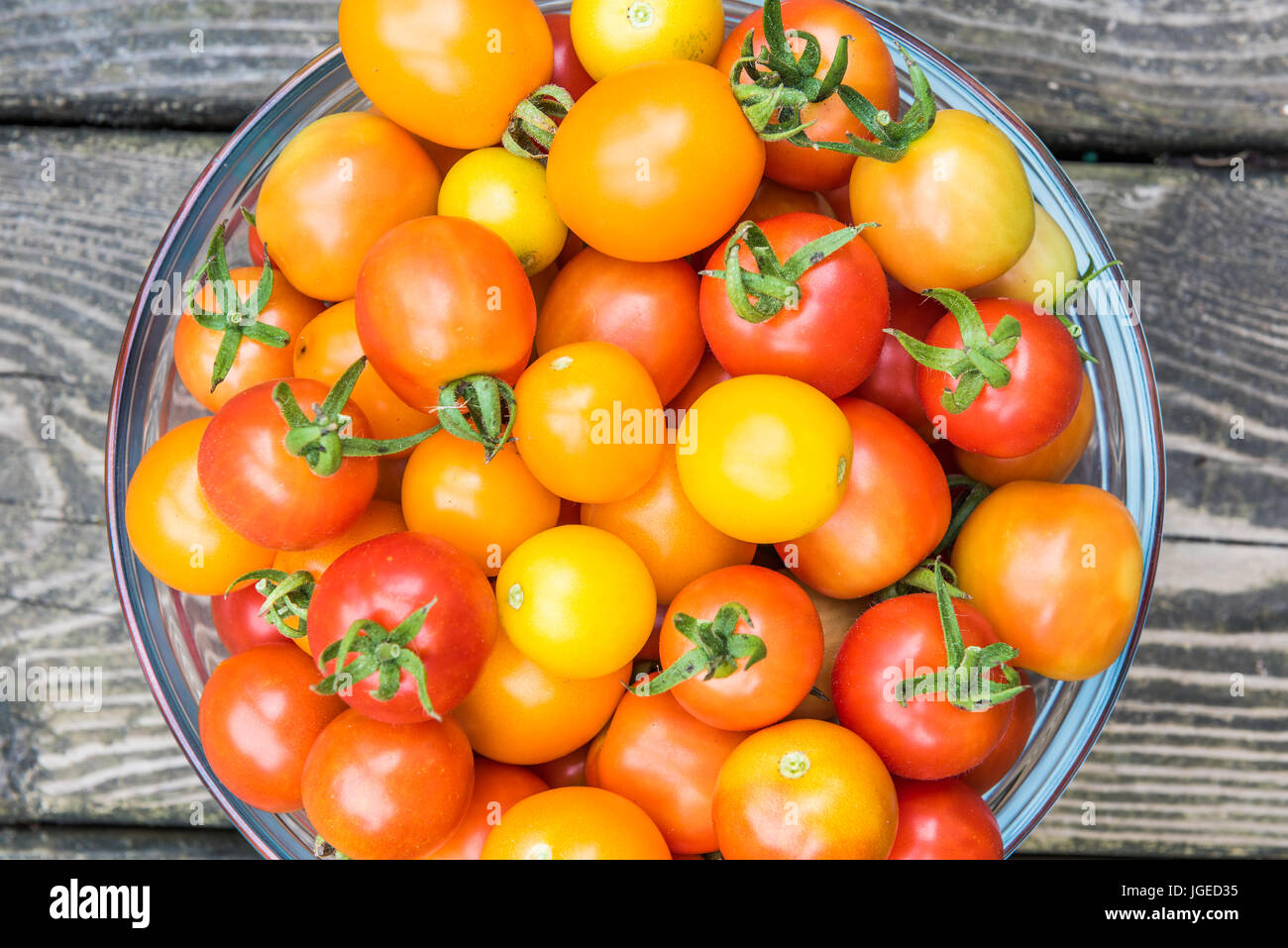 Flat view from above of red and yellow cherry tomatoes in glass bowl ...