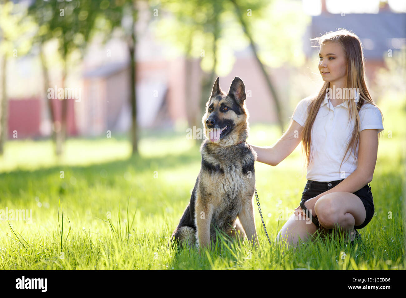 Teenage girl in white shirt with her dog sitting on grass in the park ...