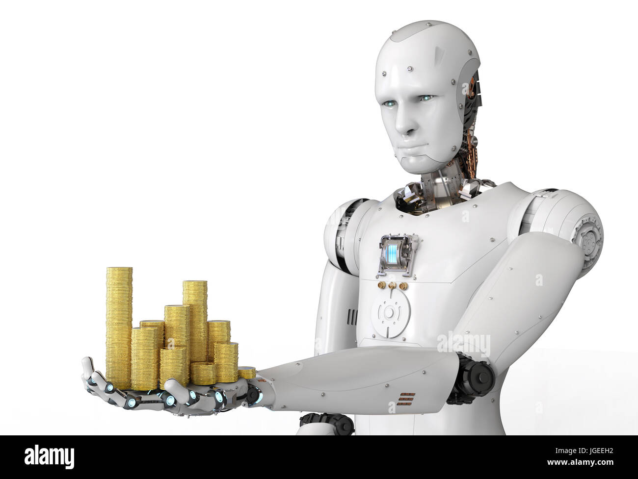 3d rendering android robot holding gold coins Stock Photo - Alamy
