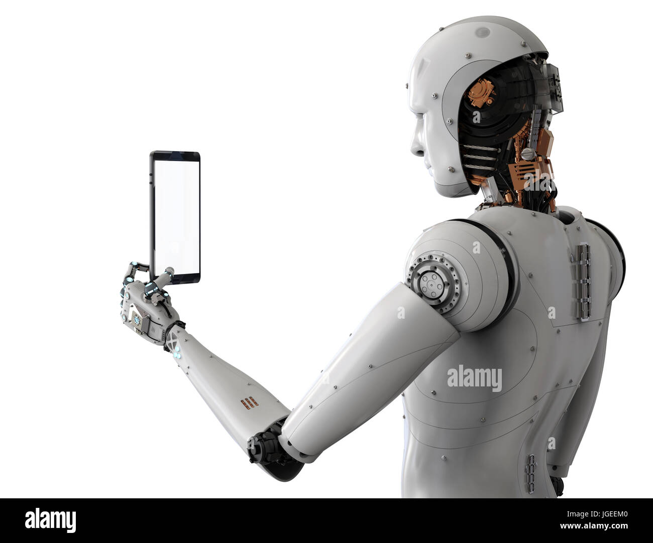 3d rendering android robot holding tablet on white background Stock ...