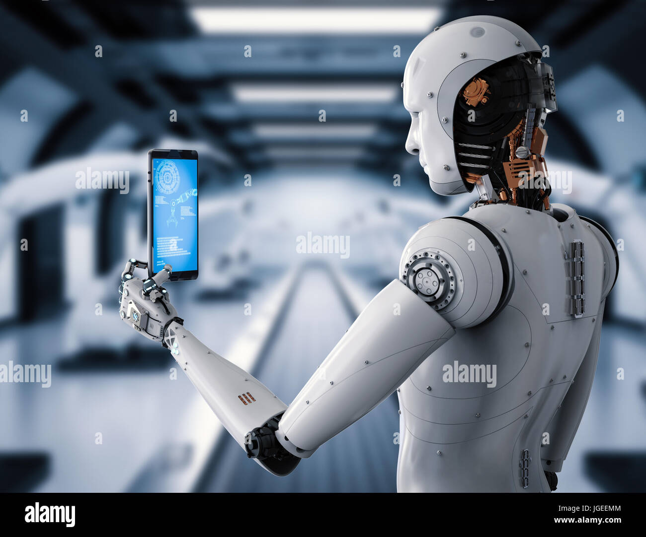 3d rendering android robot holding tablet in factory Stock Photo