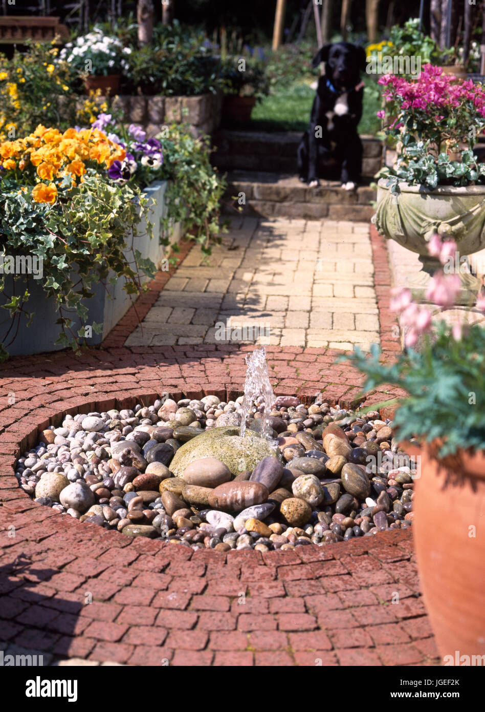 Circular pebble fountain water project in paved area of the  garden Stock Photo
