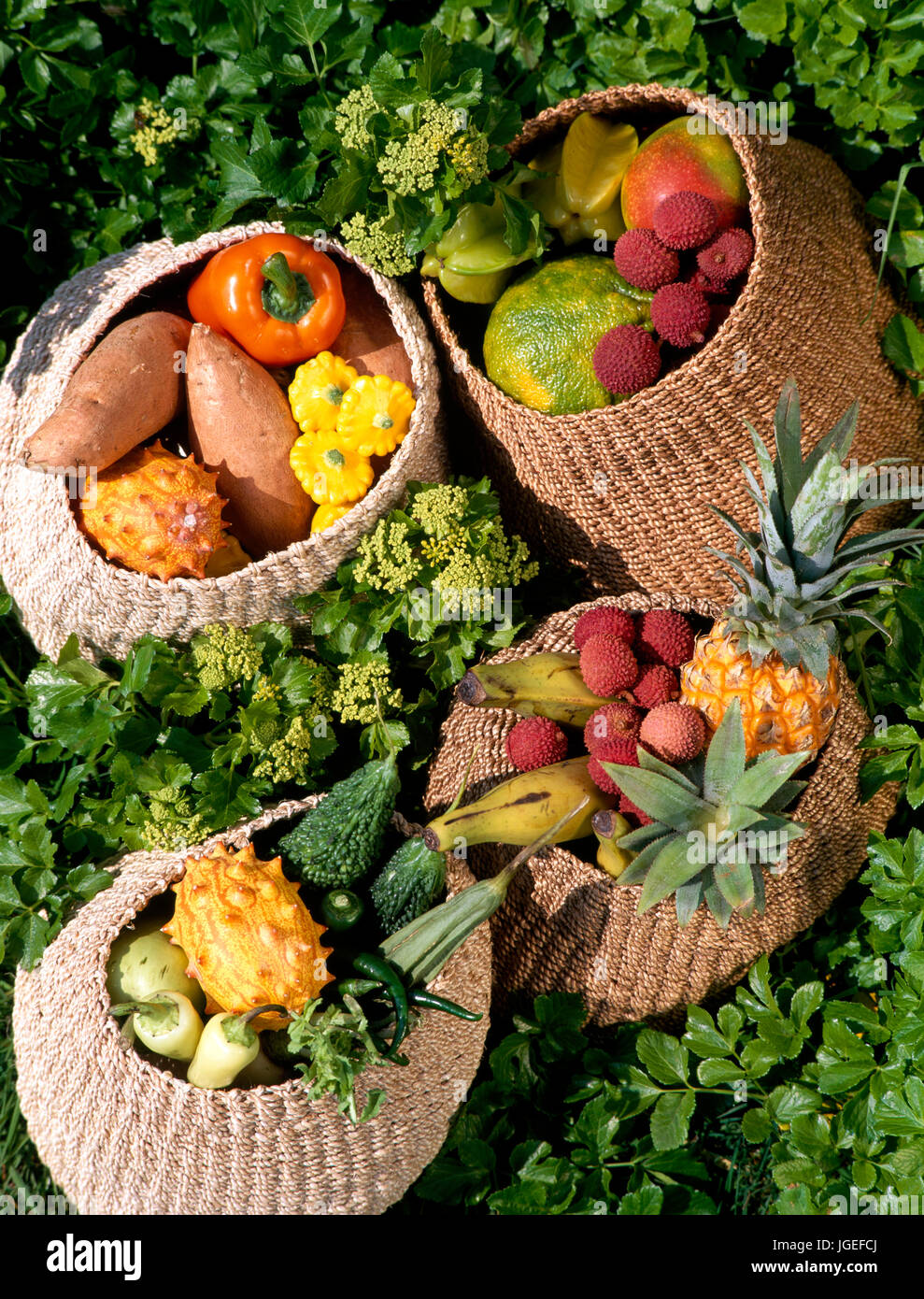 Baskets of tropical fresh fruits and vegetables Stock Photo Alamy