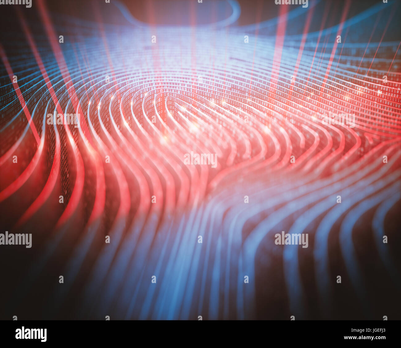3D illustration. Fingerprint in labyrinth format, with binary codes being read by red scanner. Stock Photo
