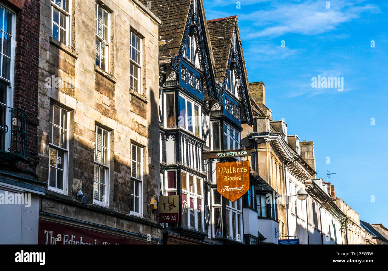 Sign for Walkers Books and Thorntons, outside period buildings in