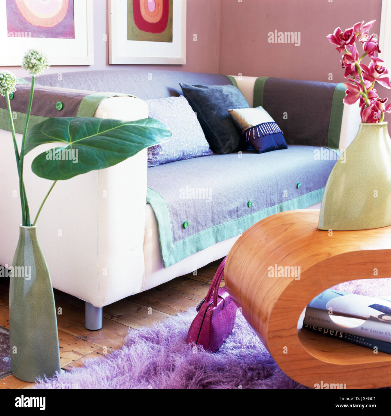 Sofa with cushions and throw in modern livingroom Stock Photo - Alamy