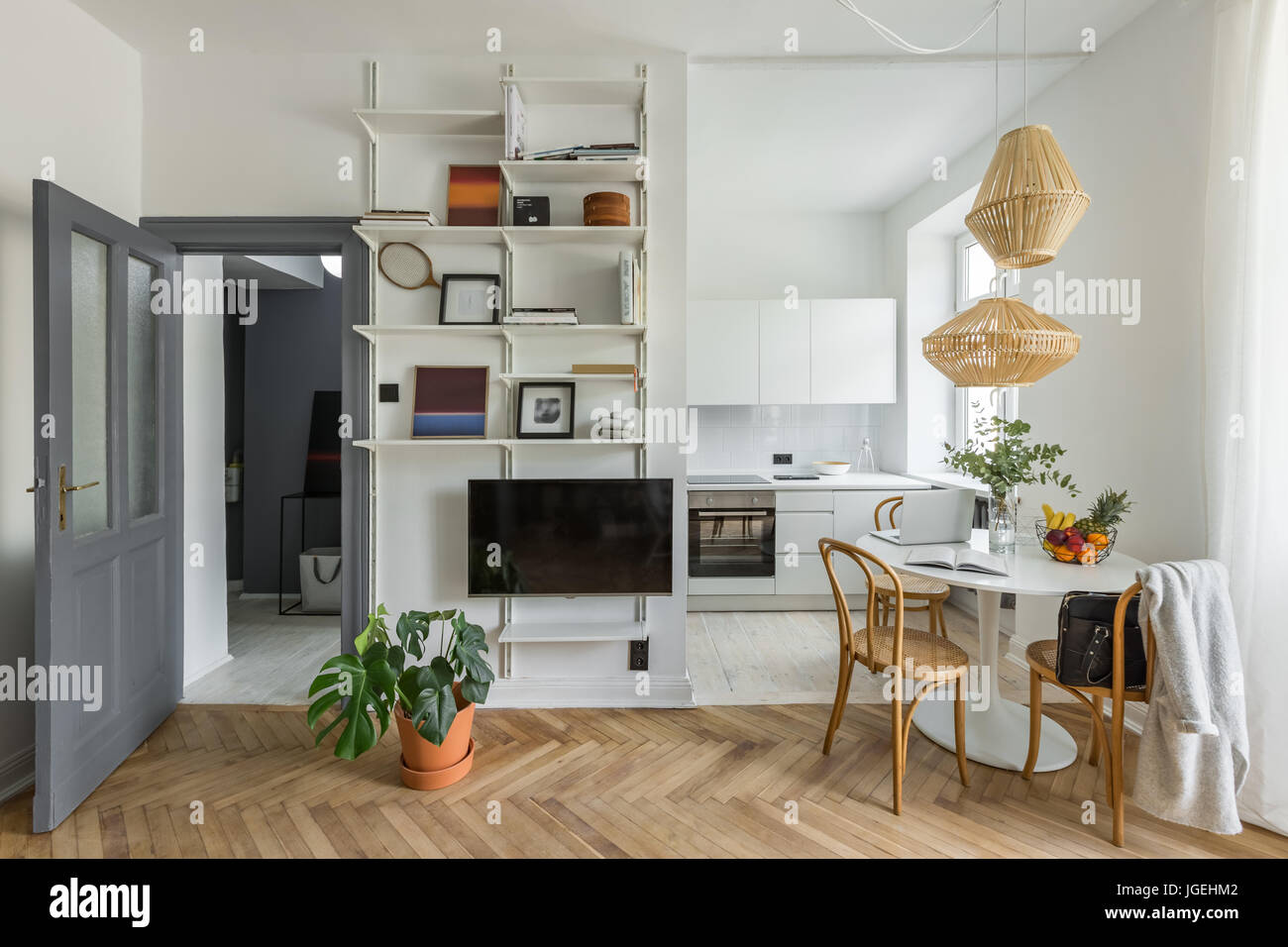 Cozy apartment in scandinavian style with open kitchen Stock Photo - Alamy