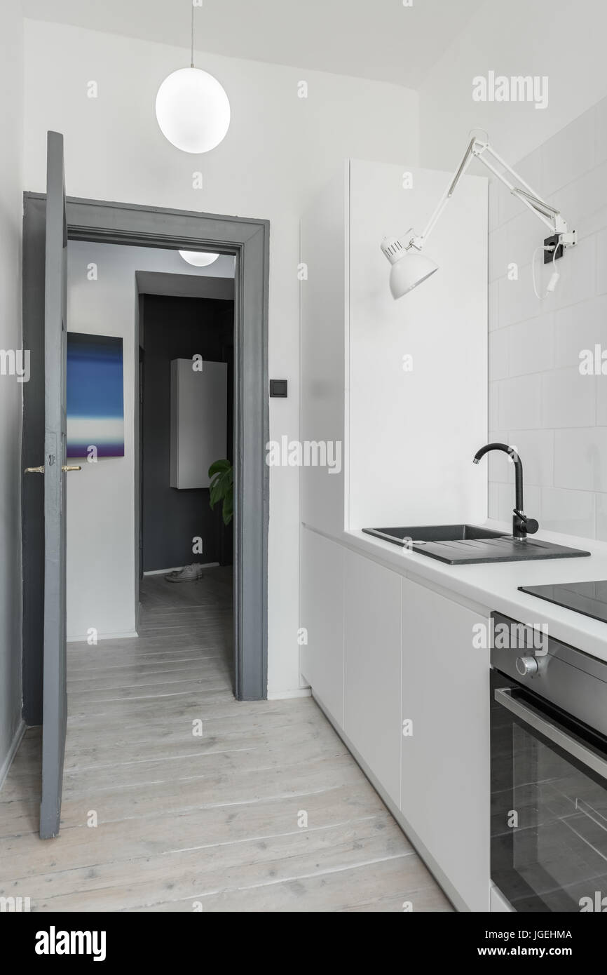 Fresh Look at Gray And White Kitchen In Scandinavian Style Apartment Stock Photo