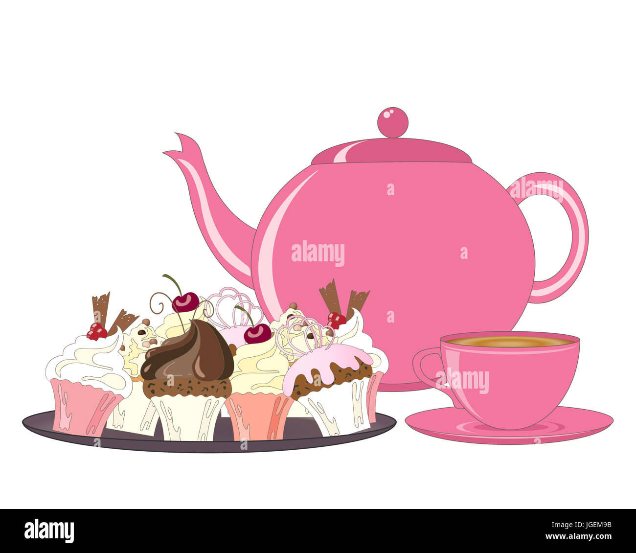 an illustration of a selection of decorated cakes teapot and tea cup for an afternoon tea on a white background Stock Photo
