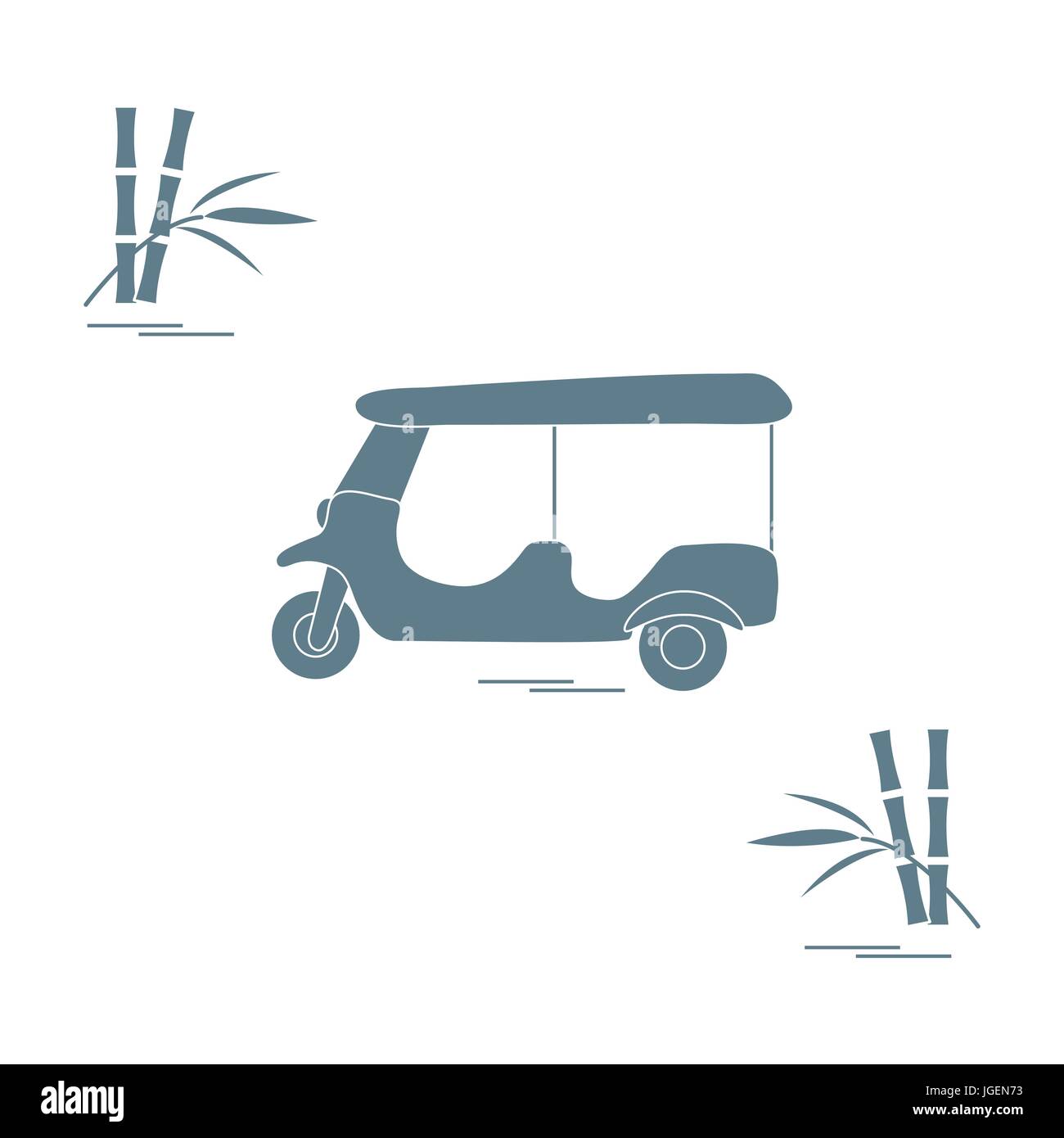 Stylized icon of tuk-tuk and bamboo. Traditional taxi in Thailand, India. Design for banner, poster or print. Stock Vector