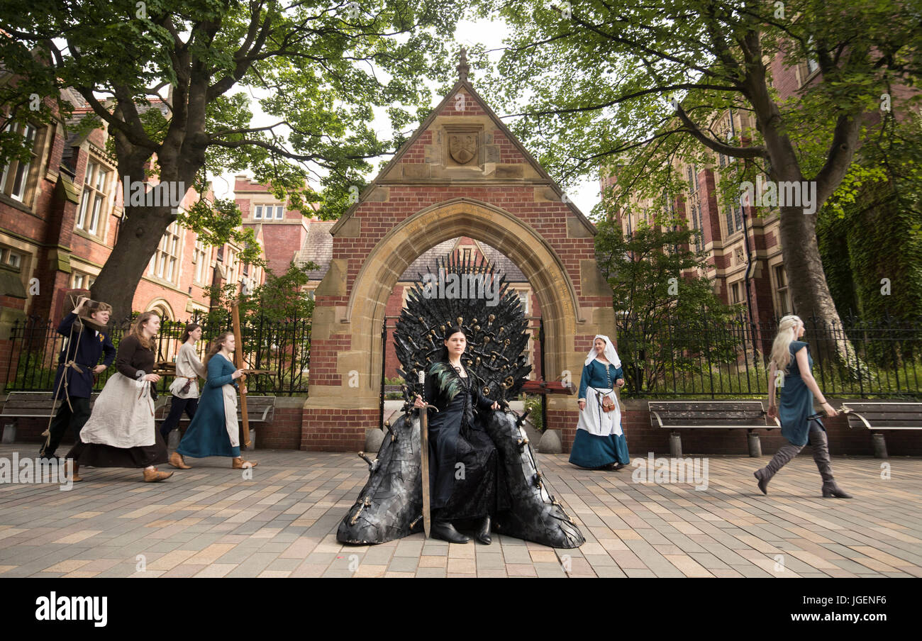 Susan Broadbent dressed as Sansa Stark with a replica of the throne made famous by TV&acirc;€™s Game of Thrones during the International Medieval Congress at Leeds University. Stock Photo