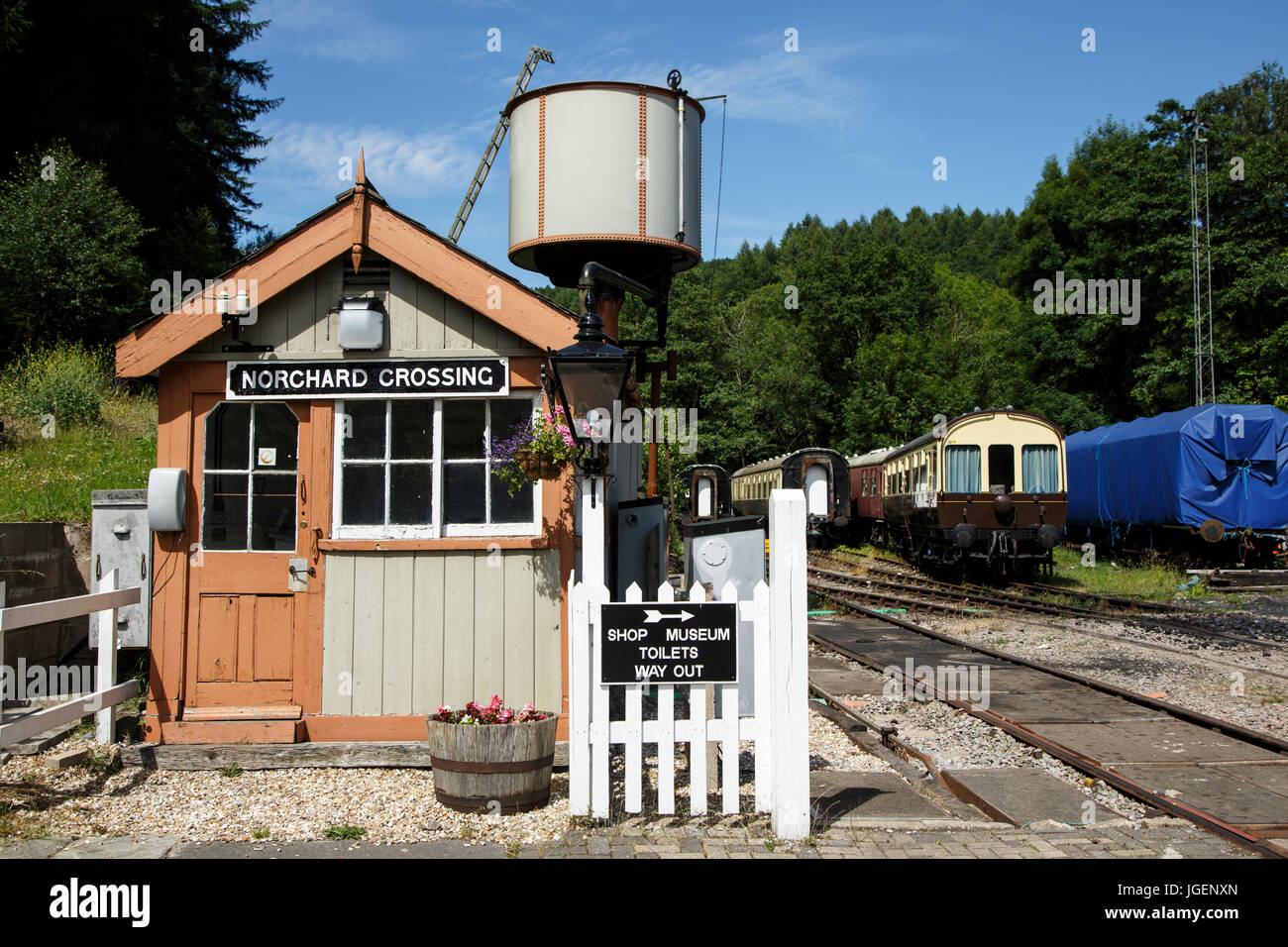 Shed and water tower, Norchard Station, Dean Forest Railway, Forest of Dean, Gloucestershire Stock Photo
