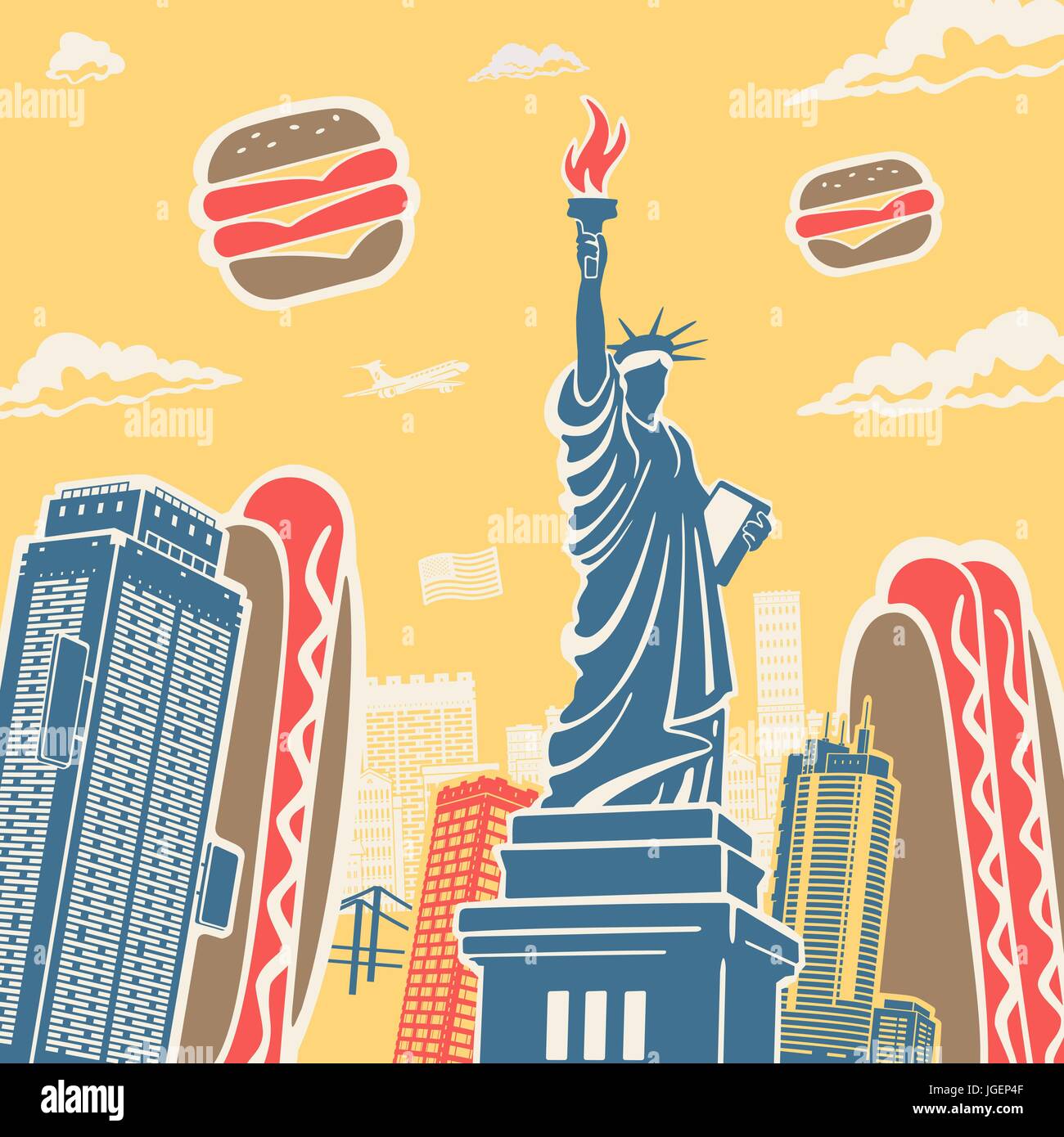 American Symbols Architecture and Food Background Stock Vector