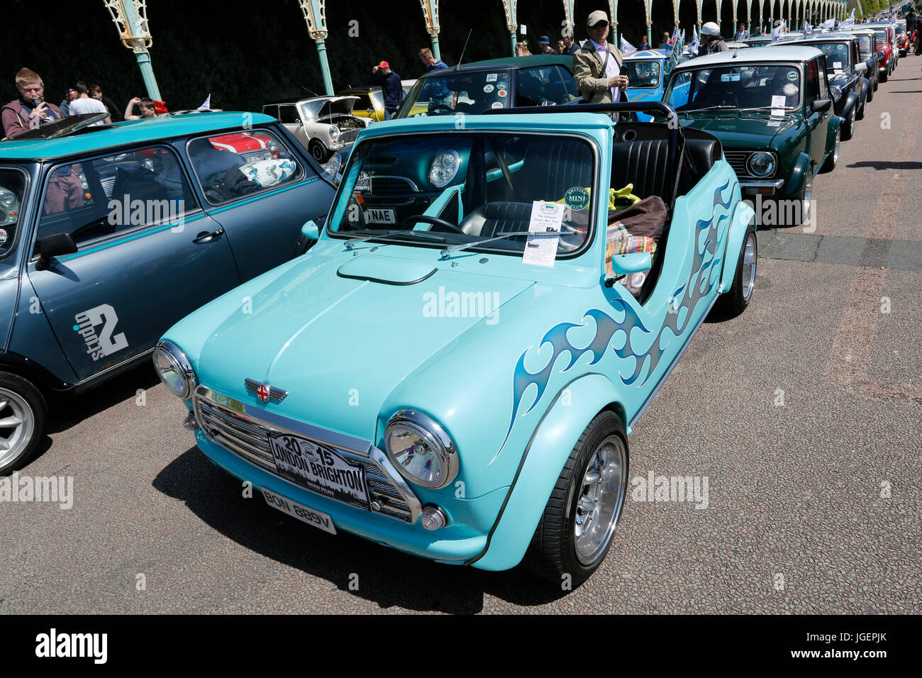 Brighton, UK - May 17, 2015: London to Brighton Mini Car Run. This annual event is organised by the London and Surrey Mini Owners Club. Stock Photo