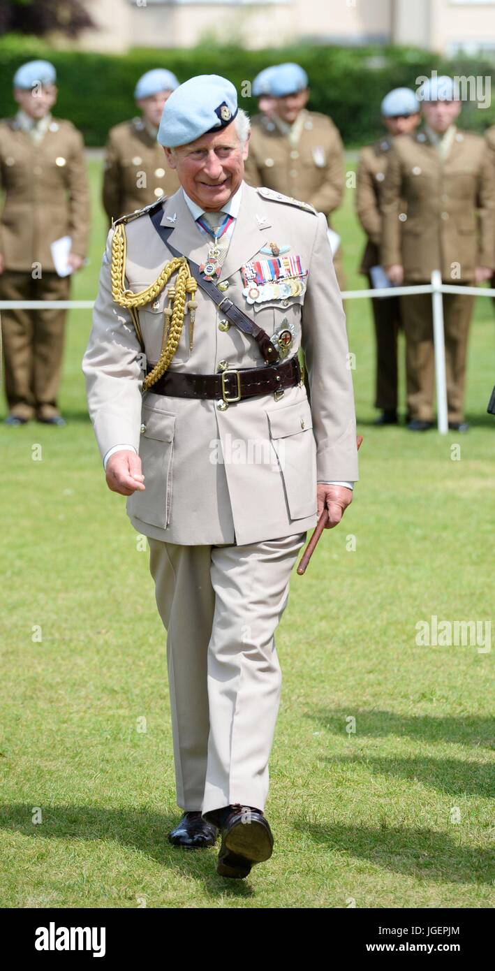 The Prince of Wales visits Salisbury Cathedral to celebrate the Army Air Corps 60th anniversary and to attend a consecration service for its new guidon or heraldic banner. Stock Photo