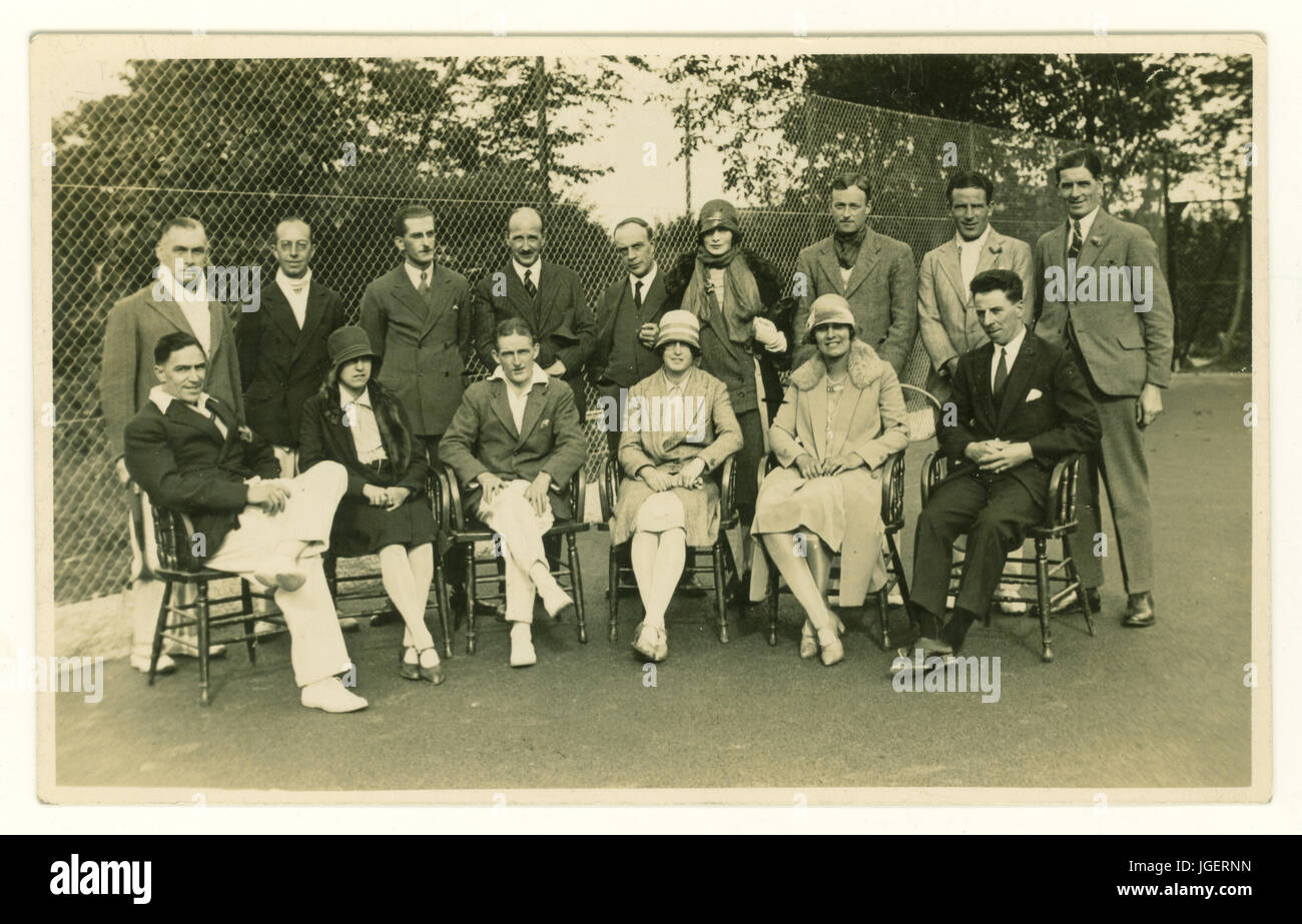 1920s postcard of tennis club members sitting in tennis court, Blackpool, pastimes, U.K. Stock Photo