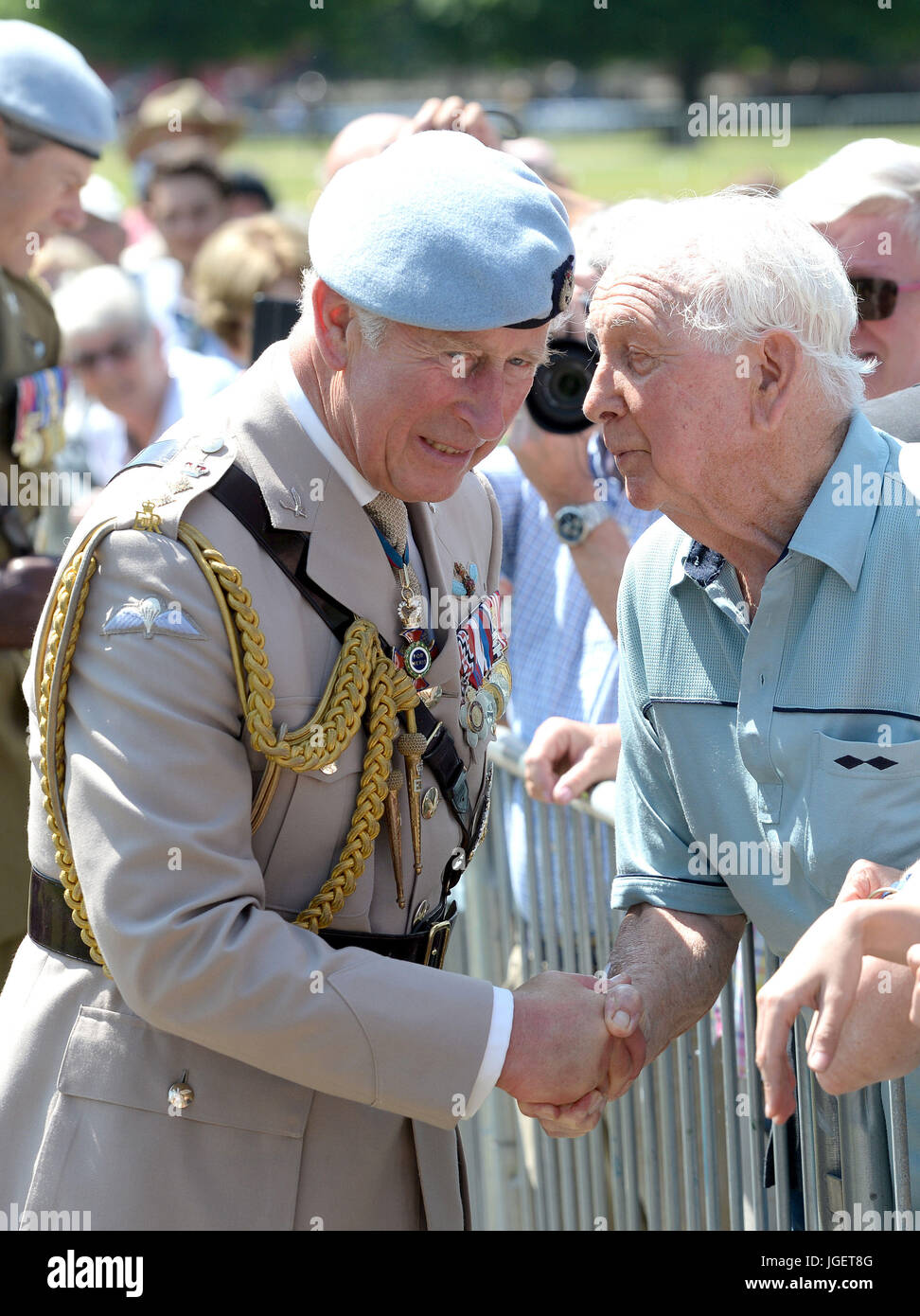 The Prince of Wales meets members of the public after attending a consecration service at Salisbury Cathedral, to celebrate the Army Air Corps 60th anniversary and its new guidon or heraldic banner. Stock Photo