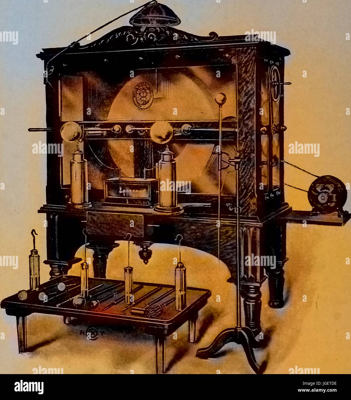 Illustration of then state-of-the-art dental radiography equipment, which used static electricity to power an X Ray system, produced by Waite and Bartlett and enclosed in an ornate wooden cabinet, New York, 1913. Note: Image has been digitally colorized using a modern process. Colors may not be period-accurate. Stock Photo