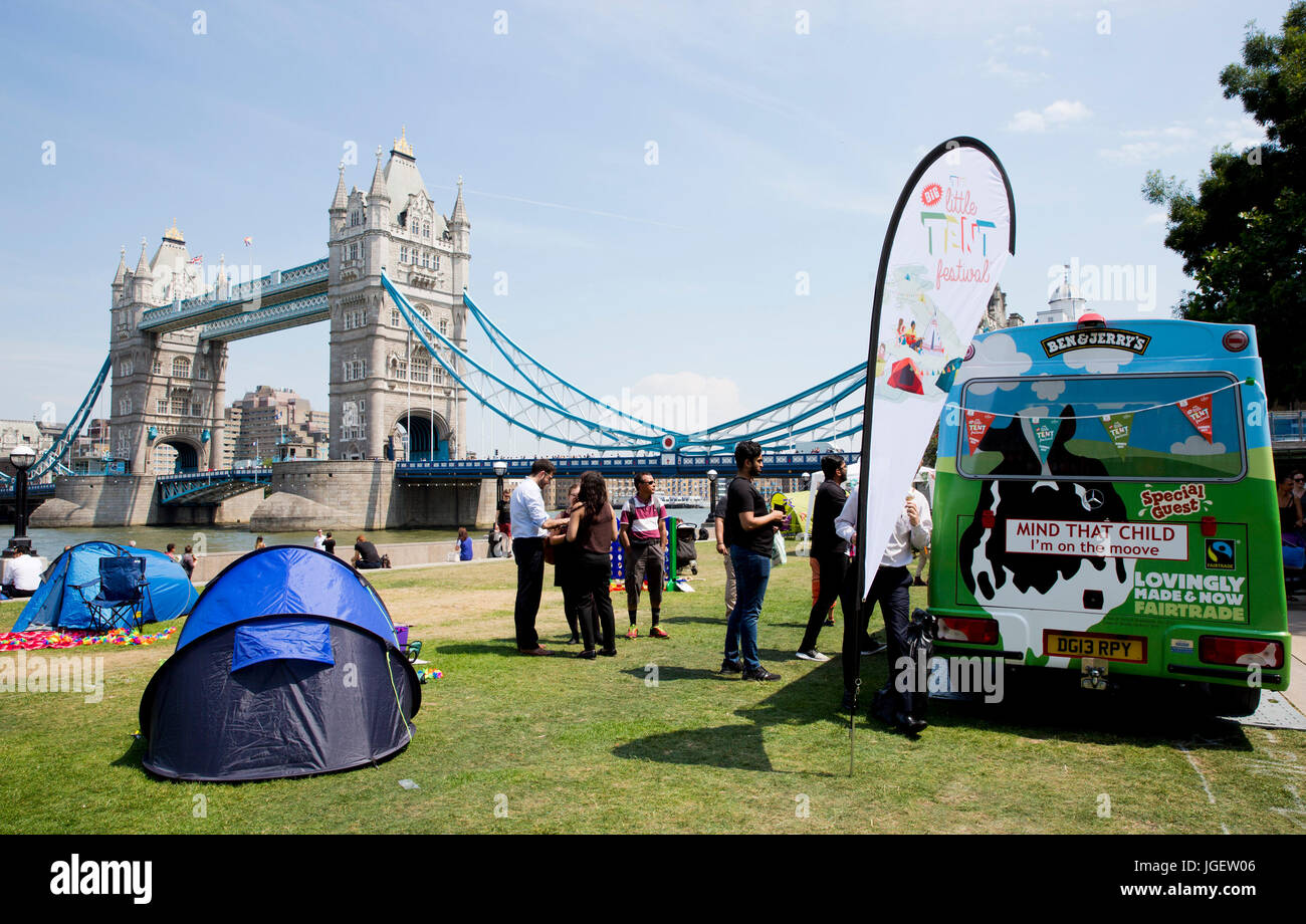 People attend the launch of the Caravan and Motorhome Club&acirc;€™s Big Little Tent Festival at Potters Field, London, an initiative to get families to enjoy the great outdoors. Stock Photo