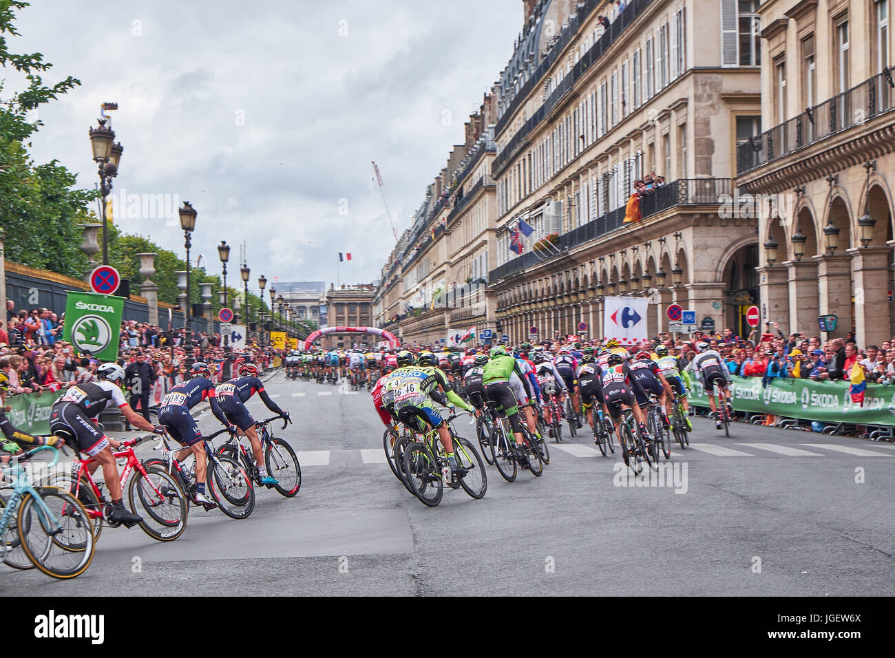 PARIS, FRANCE - JULY 26, 2015: the Tour de France peloton on the final stage on the roads around the tuileries in Paris Stock Photo