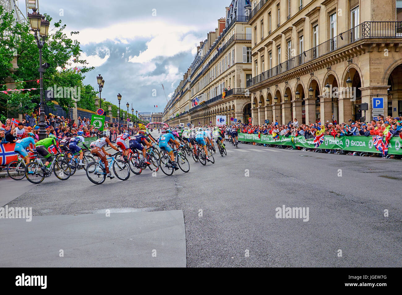PARIS, FRANCE - JULY 26, 2015: the Tour de France peloton on the final stage on the roads around the tuileries in Paris Stock Photo