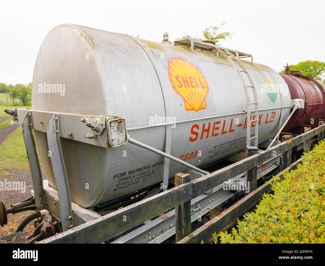 An old Shell Oil railway wagon in a siding at Bodium railway station in Kent UK Stock Photo