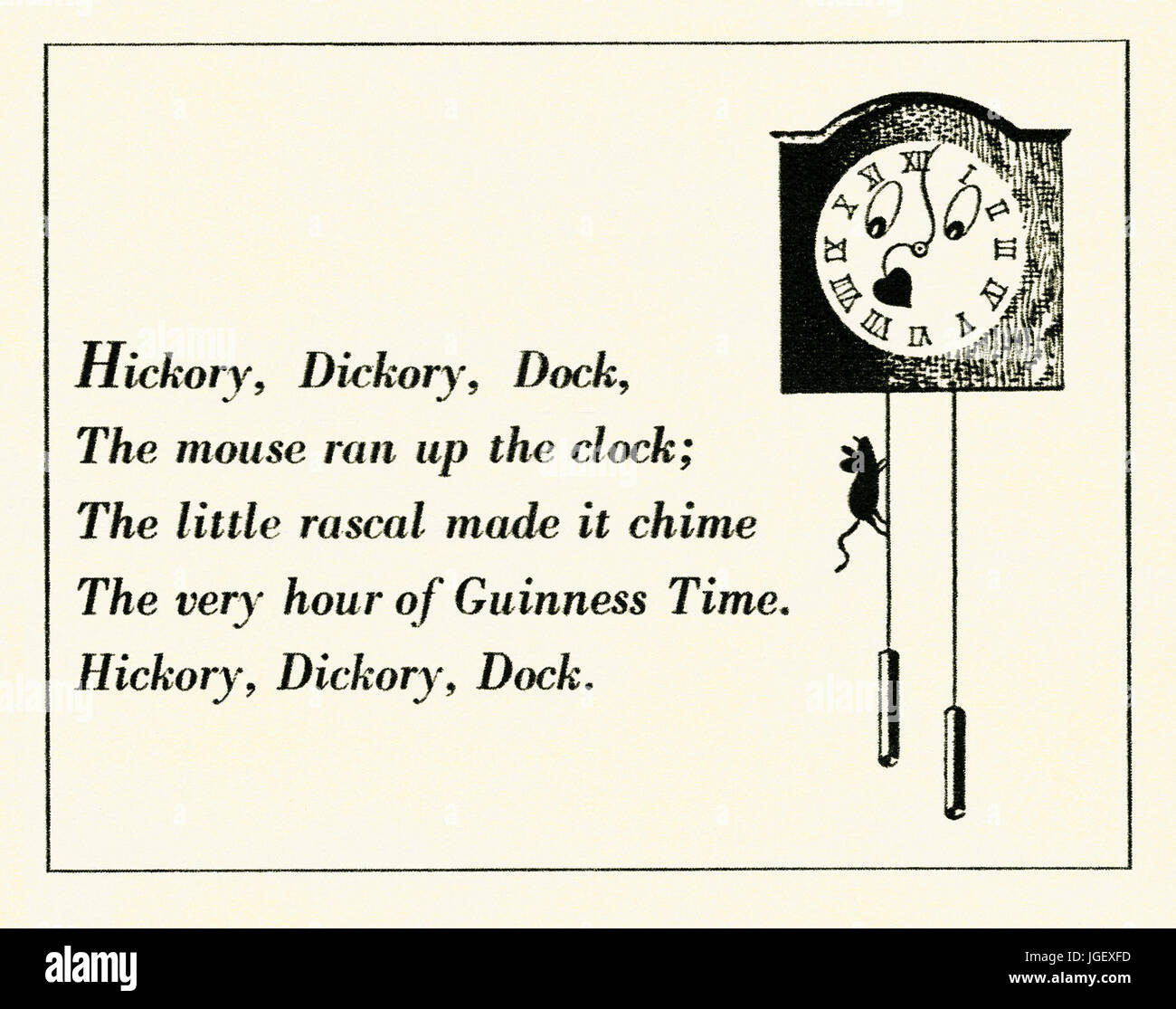 An advert for a Guinness stout beer - it appeared in a magazine published in the UK in 1947. The advert and illustration is based around the children's nursery rhyme (rime) 'Hickory, dickory, dock' with a mouse running up the clock Stock Photo