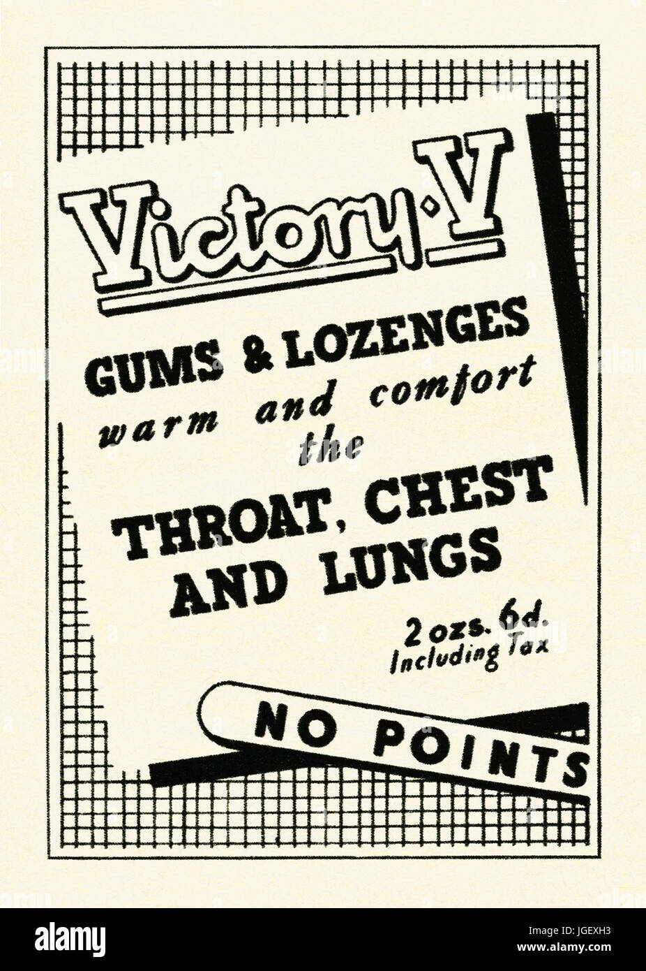 An advert for Victory V throat gums and lozenges - it appeared in a magazine published in the UK in 1946. Victory V is a British brand of liquorice (licorice)-flavoured lozenges. Originally manufactured in Nelson, Lancashire, and contained therapeutic ingredients for easing infections of the throat, chest and lungs (ether, liquorice and chloroform). Stock Photo
